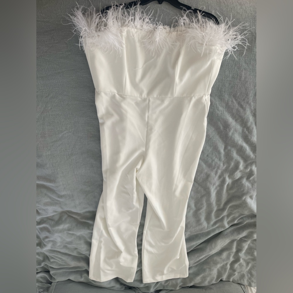 Aidan Mattox Strapless Feather Trim Jumpsuit